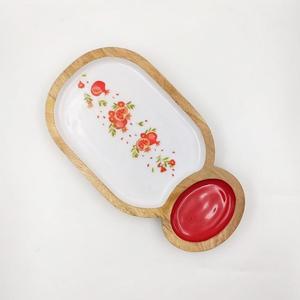 Assiette de service en bois avec motif floral, insert vert, design bohème rond, peinte à la main, passe au lave-vaisselle, plat décoratif - Product Image 5