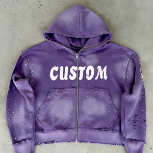 Sweat à capuche zippé violet personnalisable pour homme WASHED avec détails en strass, bords usés, style streetwear, coupe oversize, épais - Product Image 6