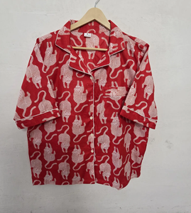 Ensemble de pyjama en coton tissé à imprimé léopard rouge élégant, vêtements de nuit légers pour l'été, respirants, de haute qualité, ensemble deux pièces - Product Image 3