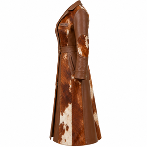 Belted <b>Elbow</b> <b>Patch</b> Womens Cowhide <b>Leather</b> Trench Duster Coat Zipper Long Outerwear Custom Oem Odm Supplier - Product Image 4