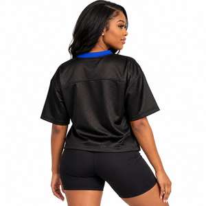 Zeta Phi Beta Cropped Football Jersey Women <b>Black</b> <b>Mesh</b> Royal Blue V-Neck 1920 Twill Applique Short <b>Sleeve</b> Sorority Crop <b>Top</b> - Product Image 4