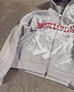 Custom Oversized Grey <b>Zip</b> Up Hoodie Gothic Graphic Print French Terry Cotton Streetwear Full <b>Zip</b> <b>Hooded</b> Sweatshirt for Men - Product Image 5
