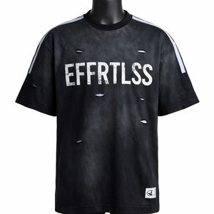 T-shirt en coton noir oversize pour homme, manches courtes, col rond, style streetwear, imprimé lettres vieillies, coupe jersey, pour l'extérieur - Product Image 4