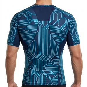 Men Long Sleeve Compression Shirt Navy <b>Blue</b> Cyber Circuit Print Gym Fitness Running Sportswear Performance <b>Base</b> <b>Layer</b> - Product Image 2
