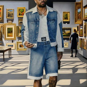 ชุดเซ็ตเสื้อแจ็คเก็ตเดนิมแบบต่อผ้าสีพื้นสำหรับฤดูหนาวและกางเกงยีนส์ขาสั้น 2 ชิ้น น้ำหนักเบา สีกลาง ลุควินเทจ สำหรับผู้ชาย - Product Image 3