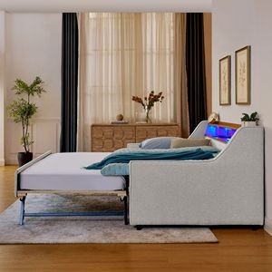 Twin-Size Upholstered Sofa Bed with Adjustable Headboard & Three LED <b>Lights</b> Foldable Legs & Storage Convenient <b>Pull</b> Trundle Bed - Product Image 5