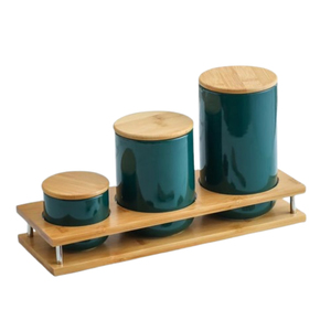 Modern 3-Piece Green Ceramic <b>Kitchen</b> Canister Set With Airtight Bamboo Lids And Wooden Stand Eco-Friendly Porcelain Food Storage - Product Image 1