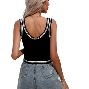 Wholesale Women Black Contrast Trim Knit Crop Top OEM Custom Sleeveless Scoop Neck Summer Casual Vest for Boutique women's shirt - Product Image 3