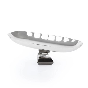 Juego de tazones de metal pulido moderno y de tendencia en la industria, con bandeja ovalada y soporte geométrico para servir alimentos y regalos. - Product Image 2