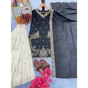 Bel ensemble Plazzo & Dupatta en soie de chinon pur pour femmes pour la fête Look lourd - Product Image 5