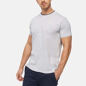 Camiseta de algodón de manga corta para hombre, corte ajustado, color gris, con ribete en contraste, cuello redondo, estilo casual - Product Image 1