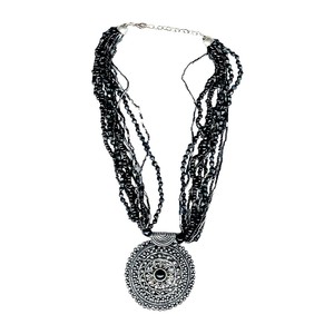 Ethnic Black Crystal <b>Beaded</b> <b>Necklace</b> with Oxidized Silver Round Pendant - Luxe <b>Beaded</b> <b>Necklace</b> with Intricate Silver Pendant - Product Image 5