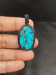 สร้อยคอจี้หินเทอร์ควอยซ์ธรรมชาติทำมือ รูปไข่เจียระไน ประดับด้วยเชือกถักสไตล์โบฮีเมียน วินเทจ คริสเตียน - Product Image 3