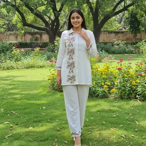Women's <b>White</b> Embroidered Cotton Linen Co Ord <b>Set</b> Shirt Collar Three Quarter Sleeve Straight Pants Regular Fit Elegant Outfit - Product Image 4