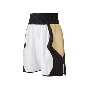 Custom Boxing Shorts Color Blocked White <b>Black</b> Gold Quick Dry Polyester Men's Martial Arts Wear Adult Size Regular - Product Image 1