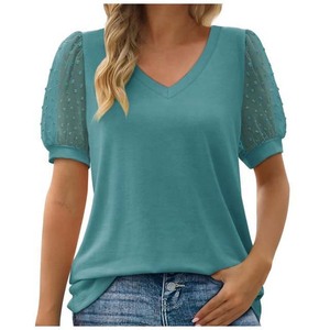<b>Women's</b> Mint Green V-Neck T-Shirt With <b>Mesh</b> Puff Sleeves Casual Spring Summer <b>Top</b> Regular Fit Knitted Breathable Solid Color - Product Image 4