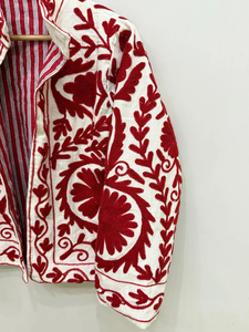 <b>Women's</b> <b>White</b> Embroidered Quilted <b>Jacket</b> with Burgundy Floral Threadwork 100% Cotton Eco-Friendly Short - Product Image 4