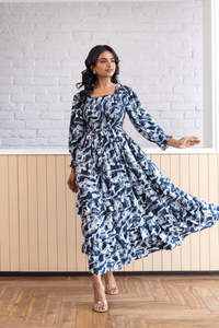 Robe midi en mousseline à imprimé floral, col en V, manches volantées, coupe trapèze ample, style bohème décontracté pour femme, pièce élégante pour l'été - Product Image 3