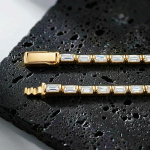 <b>White</b> Silver Plated Baguette Cut Moissanite Tennis <b>Bracelet</b> Bezel Setting Trendy Unisex Geometric Everyday Wear Jewelry - Product Image 2