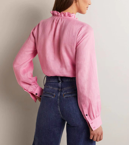 Blusas de Popelina de Algodón y Lino de Alta Calidad para Mujer, Tops de Otoño en Rosa con Cuello Alto y Volantes, Logotipo Personalizado, Tallas Grandes - Product Image 5