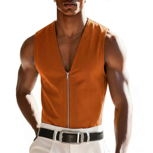 OEM Custom Men's Urban Streetwear Zip Up Tank <b>Top</b> Fashion Casual Wear Sleeveless V Neck Stylish Wholesale Bulk Tank <b>Tops</b> For Men - Product Image 3