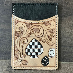 2025 Western Hand Tooled Cow <b>Leather</b> Checkered Spade & Dice Pattern Card <b>Holder</b> New Luxury RFID Block Slim Card Case For Unisex - Product Image 4