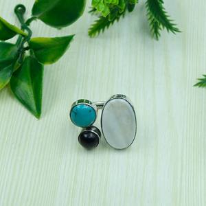 Anillo de Plata de Ley 925 con Perla de Agua Dulce, Ónix Negro y Turquesa, Anillo Ajustable, Regalo de Joyería - Product Image 1