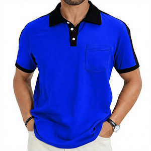 Polo à manches courtes pour homme, couleur unie, coton tricoté, respirant, décontracté, avec poche, bordure rouge et noire - Product Image 5