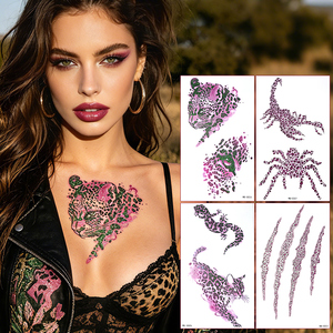 Pegatina de tatuaje estética con estampado de <span class=keywords><strong>leopardo</strong></span> y guepardo, purpurina morada, calavera, araña, mariposa, estilo Y2K, calcomanía artística para cuerpo y rostro para <span class=keywords><strong>mujer</strong></span> - Product Image 1