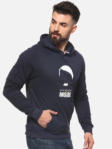 Sudadera con Capucha Azul Marino para Hombre, Corte Regular, Informal, de Algodón Tejido, con Estampado Frontal y Bolsillo, para Otoño - Product Image 3