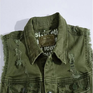 Chaleco Vaquero Verde Oliva Personalizado para Hombre - Chaqueta de Mezclilla sin Mangas, Corte Ajustado y Estilo Desgastado para Exportación - Product Image 2