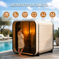 Sauna en bois lumineux avec façade panoramique en verre et système de chauffage à pierres pour un espace bien-être de luxe au bord de la piscine