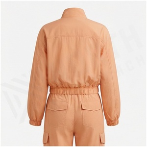Ensemble de combinaison décontractée 2 pièces en coton orange pour femme avec taille à cordon et poches, coupe ample, manches longues, couleur unie, collection printemps - Product Image 2