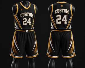 Ensemble de maillot et short de basket-ball personnalisé noir, jaune et blanc, sublimé, respirant, professionnel, pour équipe sportive - Product Image 1