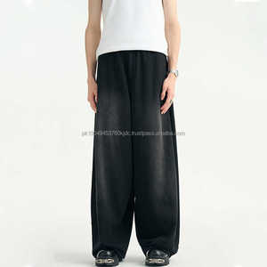 Pantalones de chándal personalizados de algodón 100% bordados de alto gramaje, estilo vintage, lavado oscuro, para hombre, de corte holgado, pierna ancha, patrón recto, cintura alta - Product Image 5