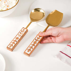 Juego de Cuchara y Espátula para Arroz de Acero Inoxidable con Diseño Real y Acabado Espejo Dorado, con Mango de Hoja y Estrella, Cubertería Moderna para Catering - Product Image 4