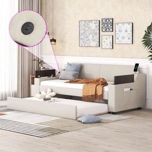 Divano letto beige a una piazza e mezza con braccioli contenitori e letto estraibile, design imbottito e porta USB (Vecchio SKU GX000547AAA) - Product Image 2