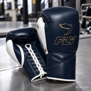 Gants de boxe en cuir Fly pas chers, vente en gros, gants d'entraînement lacés, bleu, blanc, logo or, équipement de boxe pour adultes - Product Image 3