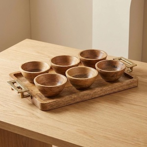 Premium Wood <b>Serving</b> <b>Set</b>: 6 Round Handcrafted Bowls On A Rectangular Tray With Brass Handles. Ideal For Appetizers And <b>Serving</b> - Product Image 4