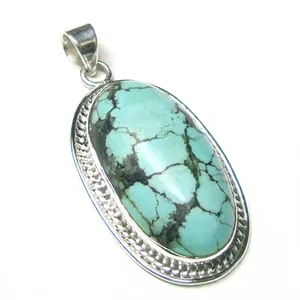 925 Sterling Silver Tibetan Turquoise Pendant Natural Gemstone Oval Cabochon Handmade Vintage Jewelry Wholesale Fashion Pendants - Product Image 1