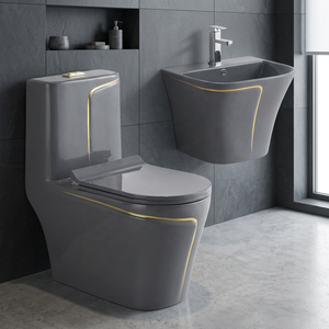 Conjunto de Inodoro de Una Pieza y Lavabo Suspendido en Gris de Lujo con Línea Dorada para Hoteles de Primera Categoría - Product Image 1