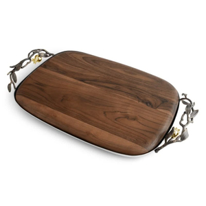 Handmade Natural Finish Brown Mango Wood Serving Tray With Decorative Branch Metal Handles For Home <b>Kitchen</b> And Restaurant Usage - Product Image 1