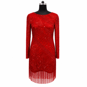 Robe de cocktail de luxe rouge à franges et sequins pour femme, élégante robe de soirée à manches longues, mini-robe perlée pour réception de mariage - Product Image 1