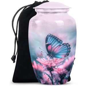 Butterfly on Flower Cremation Urn with Soft <b>Pastel</b> Colors and Velvet <b>Bag</b> for Adult Memorial - Product Image 1