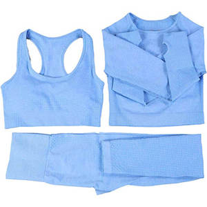 Ensemble de yoga 2 pièces bleu clair pour femme, dos nageur, col rond, sans couture, legging taille haute, crop top, tenue de sport unie pleine longueur - Product Image 5