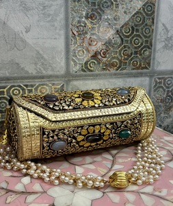 Elegant <b>Rectangle</b> Pearl <b>Mirror</b> Work Kundan Bridal Clutch with Crystal Stone Detailing Satin Lining - Product Image 5