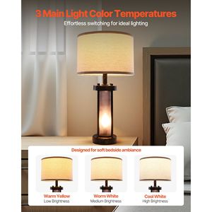 Lot de 2 lampes de table style ferme, à intensité variable, avec ampoule LED vintage et abat-jour en lin, pour chevet - Product Image 3