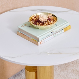 Minimalist Round White Marble Accent <b>Table</b> with Gold Dual Column Stand & Orb Base, Elegant Sofa End Coffee <b>Table</b> for Living Room - Product Image 4