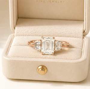 Bague à trois pierres en diamant, style Art Déco, certifiée IGI, or massif 10K 14K 18K, bague minimaliste, diamant émeraude cultivé en laboratoire, bague de fiançailles - Product Image 1