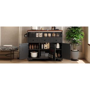 K K 46.5 Farmhouse Style Kitchen Island with <b>Beaded</b> Drape Power Outlet Rolling Cart on Wheels Drop Leaf & 3 <b>Doors</b> - Product Image 3